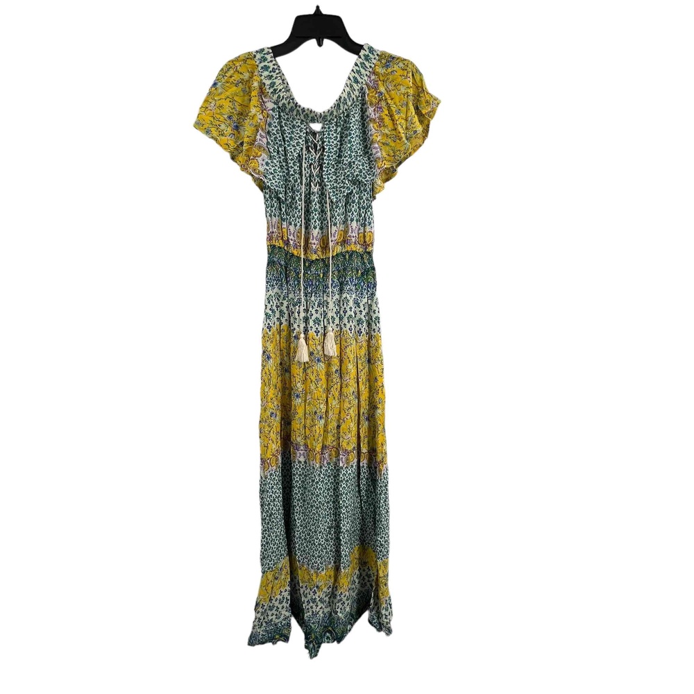 Indikah Multicolored Boho Floral Off Shoulder‎ Lace Up Maxi Dress Womens Medium